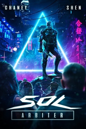 Sol Arbiter 1 cover, figure in high tech suit carrying a sword, overlooking a crowd