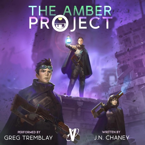 The Variant Saga 1 audio cover, three figures with cloaks standing among ruins, ominous lighting