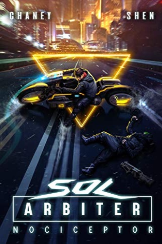 Sol Arbiter 5 cover, figure on motorcycle set against city backdrop