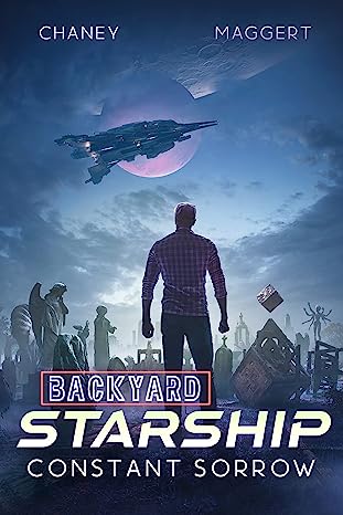 Backyard Starship 15 cover. The silhouette of a man standing in a graveyard with a starship hovering above, backlit by a moon.