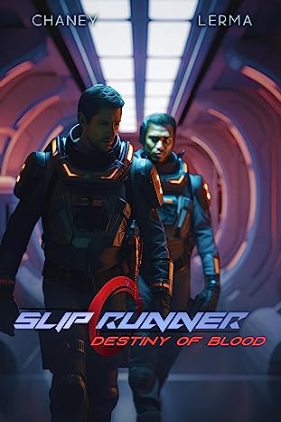 Slip Runner 7 cover. Two men in futuristic space suits walk down an interior corrridor.