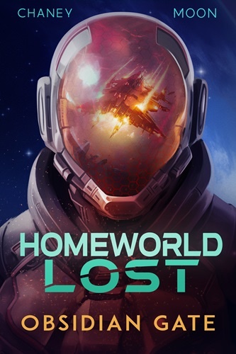 Homeworld lost 7 Obsidian Gate cover. Person in space suit facing reader in foreground. A ship on fire is reflected in the helmet's face shield.