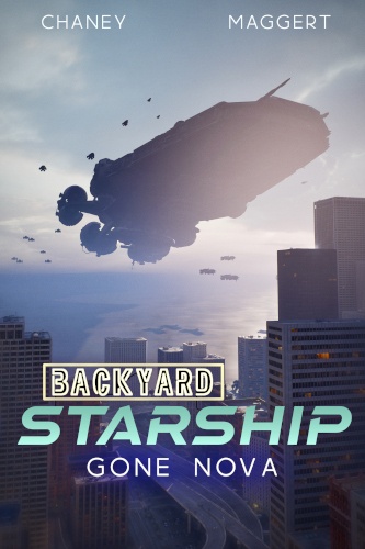 Starship flying in front of tall city buildings at dawn