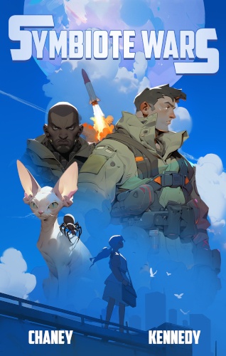 Shape of a woman in the foreground, image of sphinx cat and spider in the sky, in front of two military men and a rocket launch