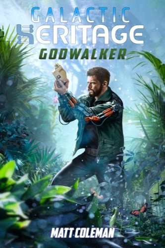 Galactic Heritage 2 cover, bearded man in bomber jacket walking alert in a jungle, carrying a laser pistol.