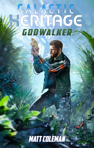 Galactic Heritage 2 Godwalker cover. Bearded man in bomber jacket walking alert in a jungle, carrying a laser pistol.