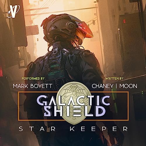 Galactic Shield 4 Star Keeper cover. Person in armour and helmet walking in a sunlit street corridor.