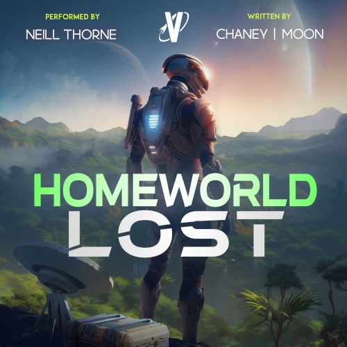 Homeworld Lost 1 Audiobook Cover. robot soldier standing at the top of a mountain looking over a jungle
