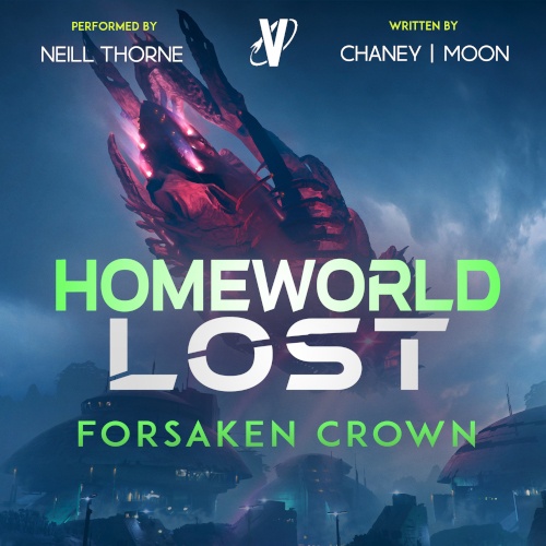 Homeworld Lost 2 Forsaken Crown Audiobook Cover. Insect-like red spaceship flying over a futuristic town