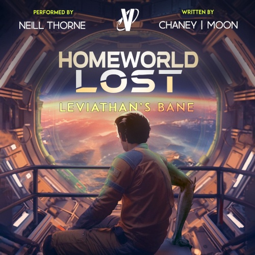 Homeworld lost 3 Leviathan's Bane cover. Man sitting near a railing looking out a portwindow of a spaceship down to the planet below.