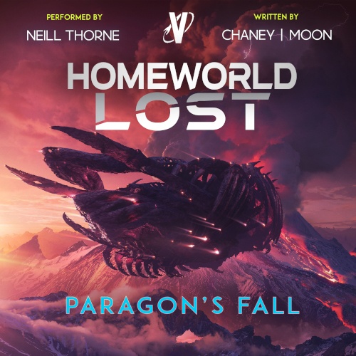 Homeworld Lost Book 4 Paragon's Fall cover. Insect-like spaceship flying toward an active volcano.