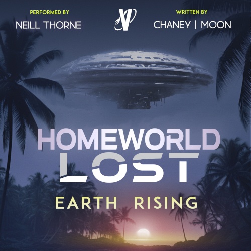Homeworld Lost 5 Earth Rising cover. Circular spaceship flying over a tropical landscape and sunset.