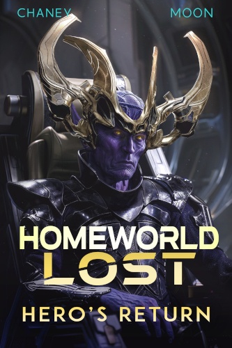 Homeworld Lost 9 Hero's Return cover. Purple Alien King with horned gold crown sitting on throne.