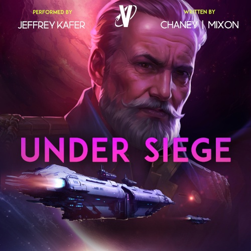 The Last Hunter 11 Under Siege cover. Purple hued photo of space with middle-aged man with beard featured and two ships in the foreground.