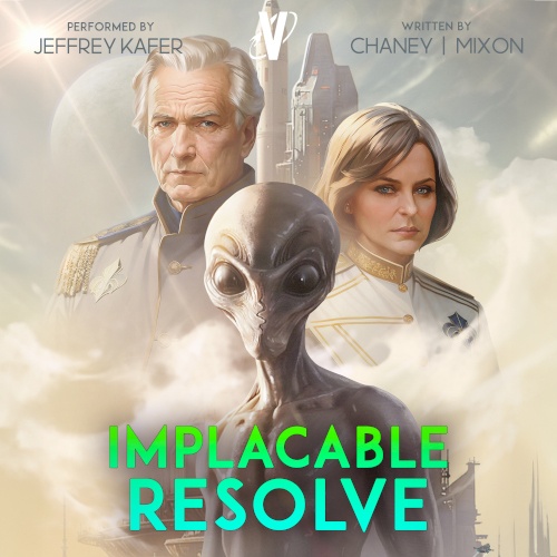 The Last Hunter 12 Implacable Resolve cover. Two uniformed officers, a man and a woman, featured in the sky, behind an alien figure. The cover has a white hue.