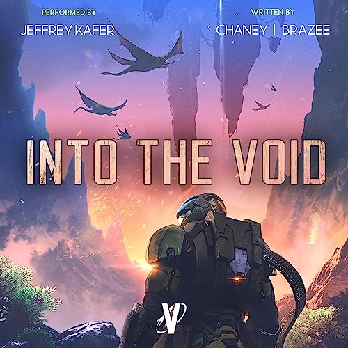 Sentenced to War 14 Into the Void cover. Soldier viewed from behind, facing a jungle scape with floating rocks and flying dinosaur-like creatures in a pink and purple sky.