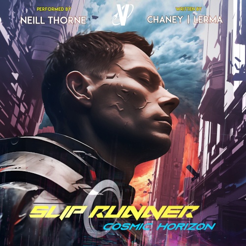 Slip Runner 9 Cosmic Horizon cover. Profile of a man with skin peeling like paper set in a futuristic urban scene with fire in background.