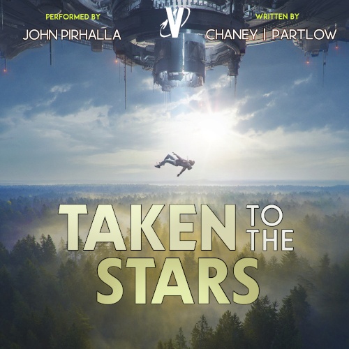 Taken to the Stars 1 cover. Person air lifted by a space ship.