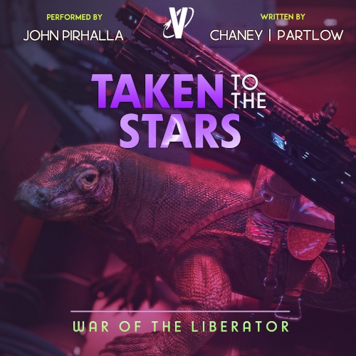 Taken to the Stars 2 War of the Liberator cover. Man facing reptile.