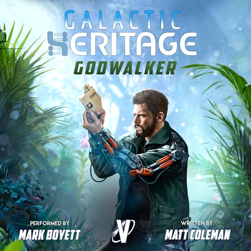 Galactic Heritage 2 Godwalker cover. Bearded man in bomber jacket walking alert in a jungle, carrying a laser pistol.