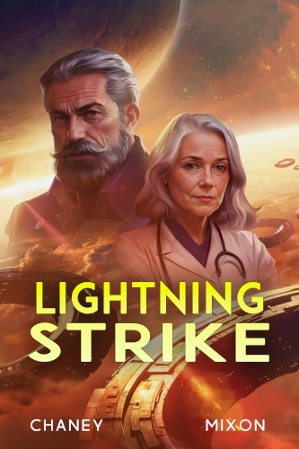 The Last Hunter 14 Lightning Strike cover. The main character, Admiral Jack Romanoff, is featured in an orange sky alongside a middle aged woman.