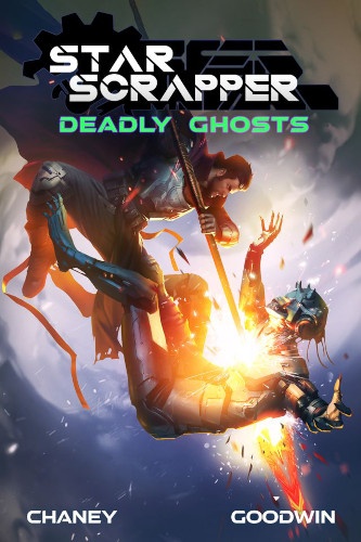 Star Scrapper 4 Deadly Ghosts cover. Hank pierces an enemy bot with a lance while floating in the sky.