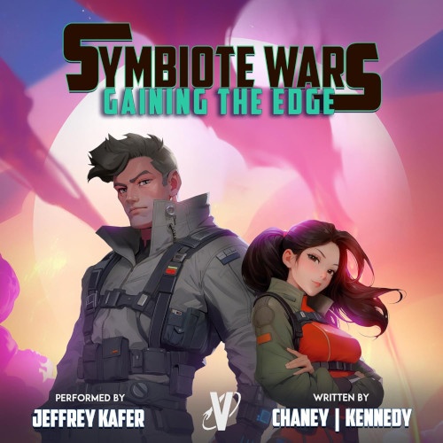Symbiote Wars 3 Gaining the Edge cover. Man and woman in uniform stand facing the reader. Purple and pink smoke in the sky in the background.
