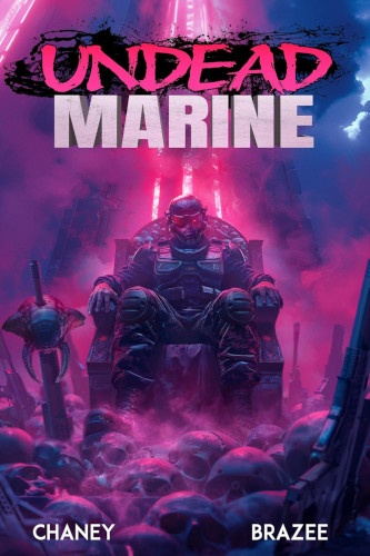 Undead Marine book cover. Undead uniformed marine sitting on a throne with red and purple hued lights in the background.