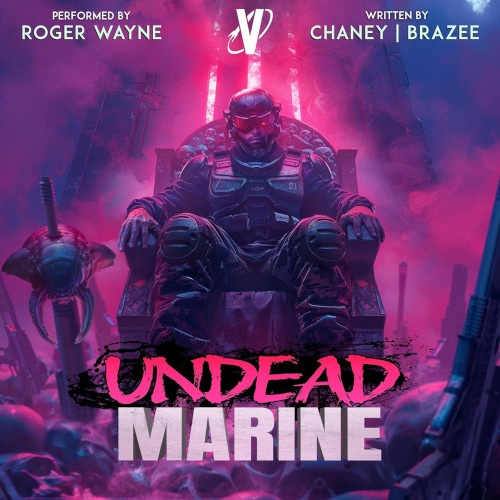 Undead Marine Audiobook cover. Undead uniformed marine sitting on a throne with red and purple hued lights in the background.