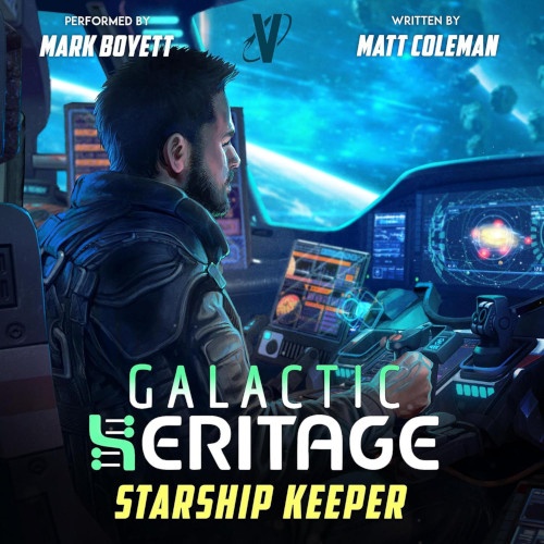 Galactic Heritage 4 Starship Keeper book cover. Gunnar is in the cockpit piloting a starship.