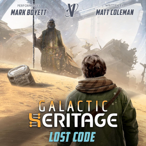 Galactic Heritage 3 Lost Code cover. Gunnar seen from behind, stands in a sandy landscape facing a figure with a staff.