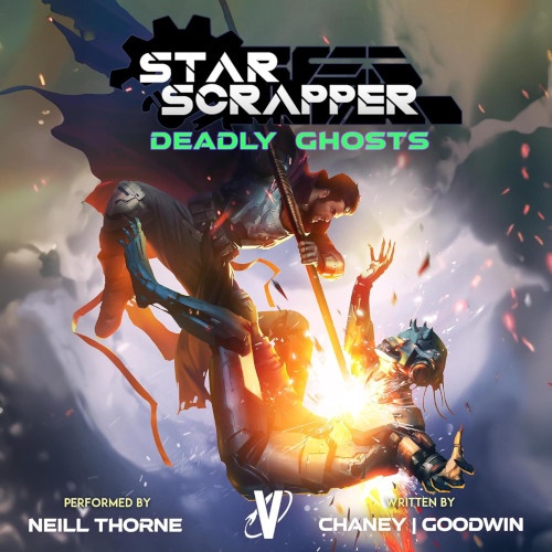 Star Scrapper 4 Deadly Ghosts audiobook cover. Hank pierces an enemy bot with a lance while floating in the sky.