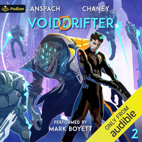 Void Drifter 2 audiobook cover. Will Kaufman with a pistol and aliens in the background.