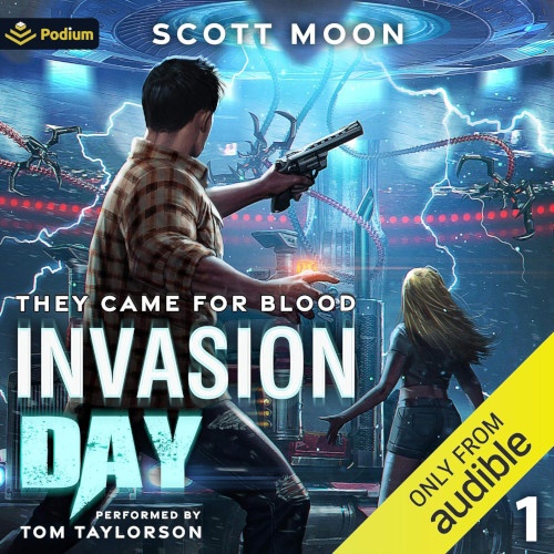 Invasion Day 1 They came for blood book cover. David Osage is holding a pistol at the ready, there's a blond hitchhiker with with him and electric bolts all around.