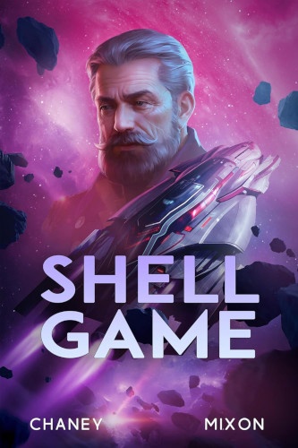 The Last Hunter Book 15 Shell Game cover. Admiral Jack Romanoff in the foreground, with the spaceship superimposed below him, on a purple sky background.