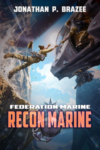 Federation Marine book 10 cover Recon marine. Female soldier jumping and is reaching for soldier's hand in a helicopter.