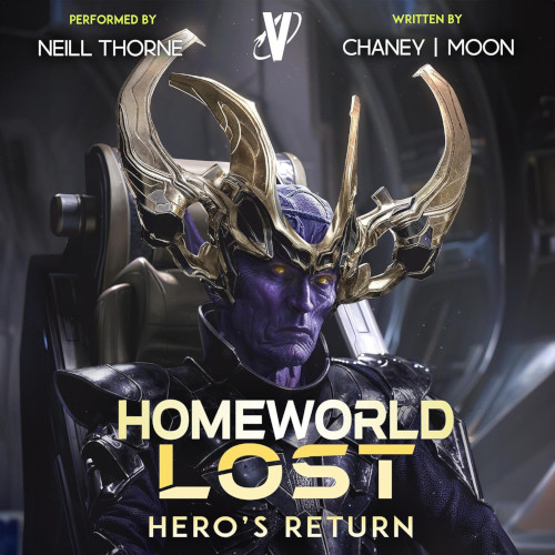 Homeworld Lost 9 Hero's Return cover. Purple Alien King with horned gold crown sitting on throne.