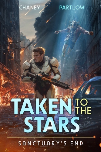 Taken to the Stars 8 ebook cover, man in armor in the midst of battle