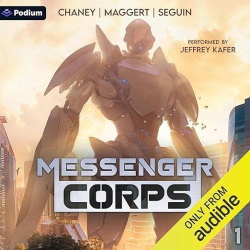 Messenger Corps audio cover, giant mech looming over skyscrapers, sunshine backlighting the entire scene