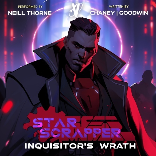 Star Scrapper 5 audio cover, large male figure wearing a coat and tech vest, futuristic scene in the backround