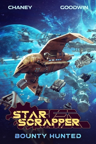 Star Scrapper 8 book cover, tan spaceship traveling among debris field