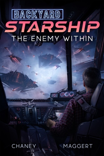 Backyard Starship 24 cover, male figure seated in ship's cockpit, numerous spaceships loom ahead