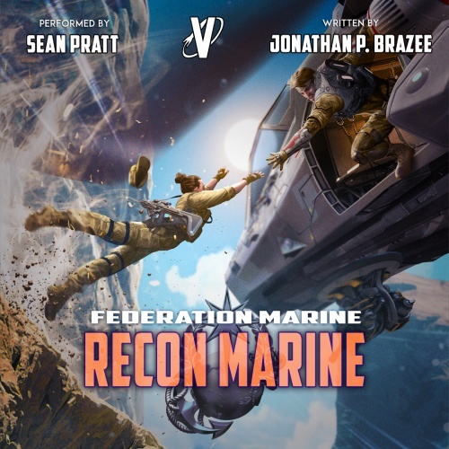 Federation Marine 10 audio cover, female soldier jumping and is reaching for soldier's hand in a helicopter.