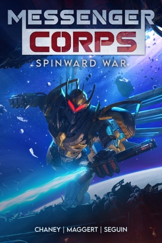 Messenger Corps 3 book cover, large Mech floating in deep blue space grasping a glowing energy sword