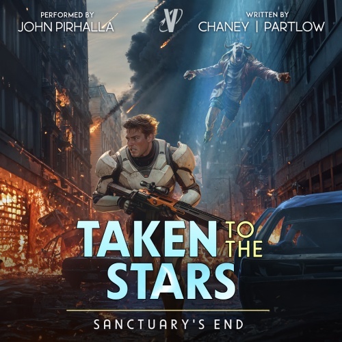 Taken to the Stars 8 audio cover, male figure in armor holds a rifle in the midst of battle, the city burns in the background