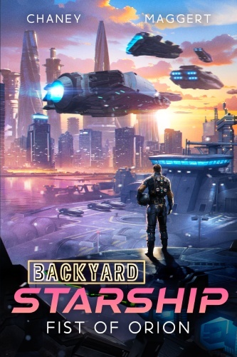 Backyard Starship 25 book cover, Van overlooks a bustling galactic city, helmet tucked under one arm