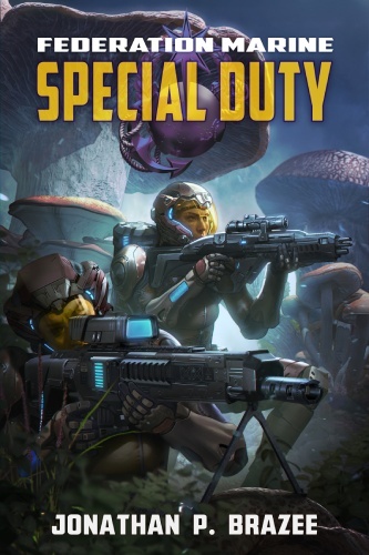 Federation Marine 12 book cover, male and female figure in spacesuit holding rifles