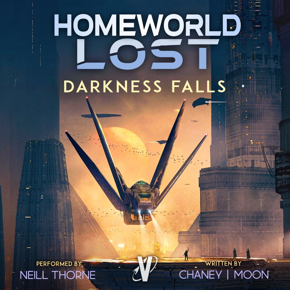 Homeworld Lost 11 audio cover, a starship looms between two tall structures, the sky is painted in tones of gold