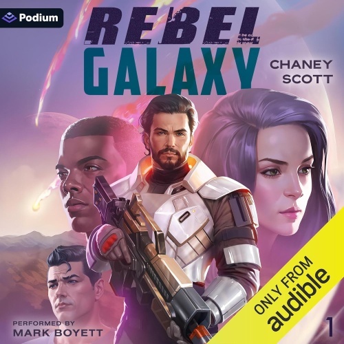 Rebel Galaxy 1 audio cover, Wallace wearing white space armor carrying a rifle, side characters appear in bg against a pink and purple sky