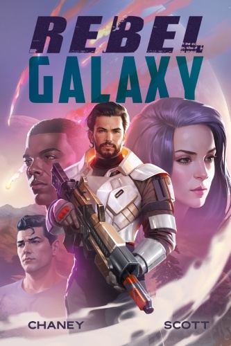 Rebel Galaxy 1 book cover, Wallace wearing white space armor carrying a rifle, side characters appear in bg against a pink and purple sky